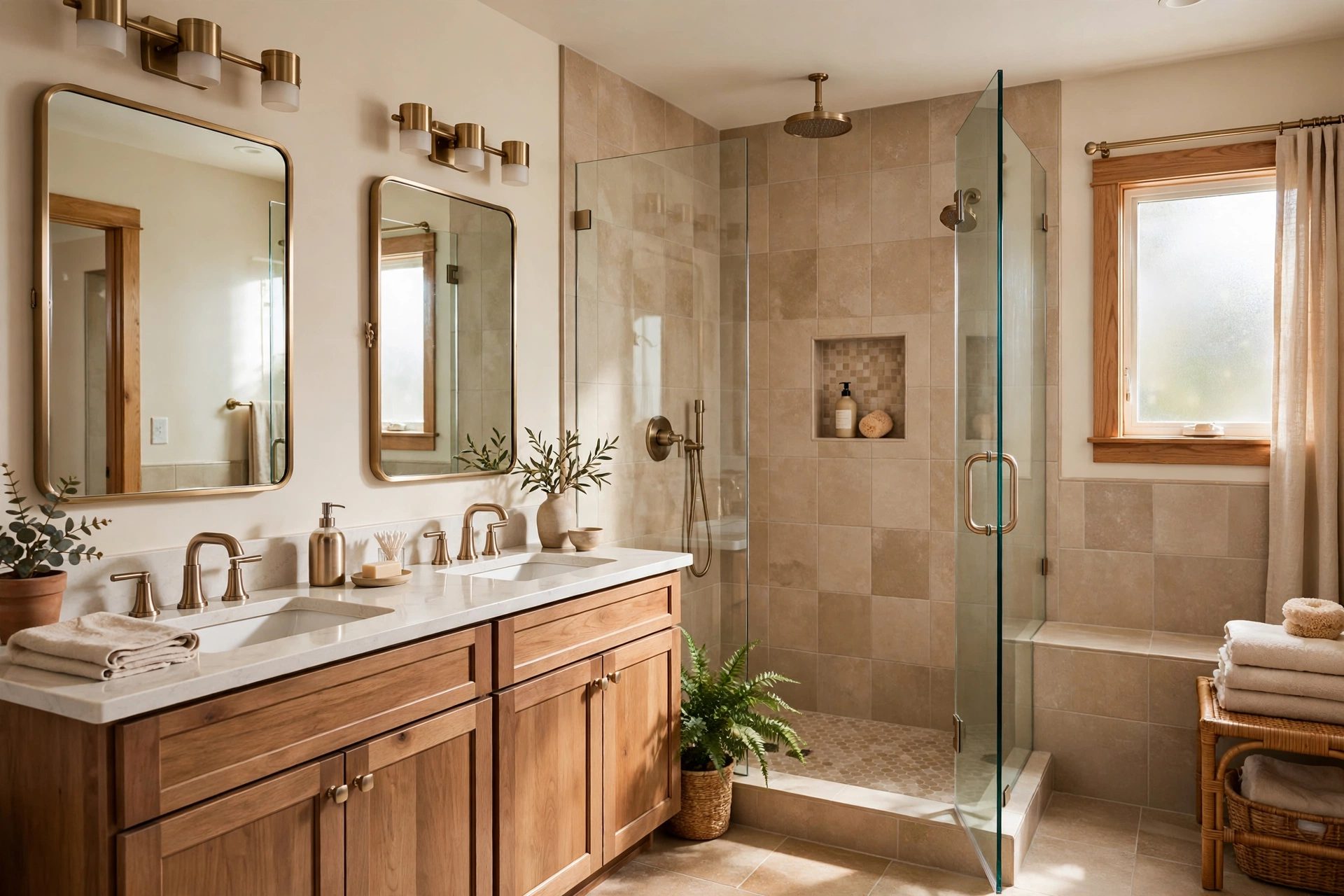Remodeled bathroom with double vanity, quartz countertop, and tiled walk-in shower