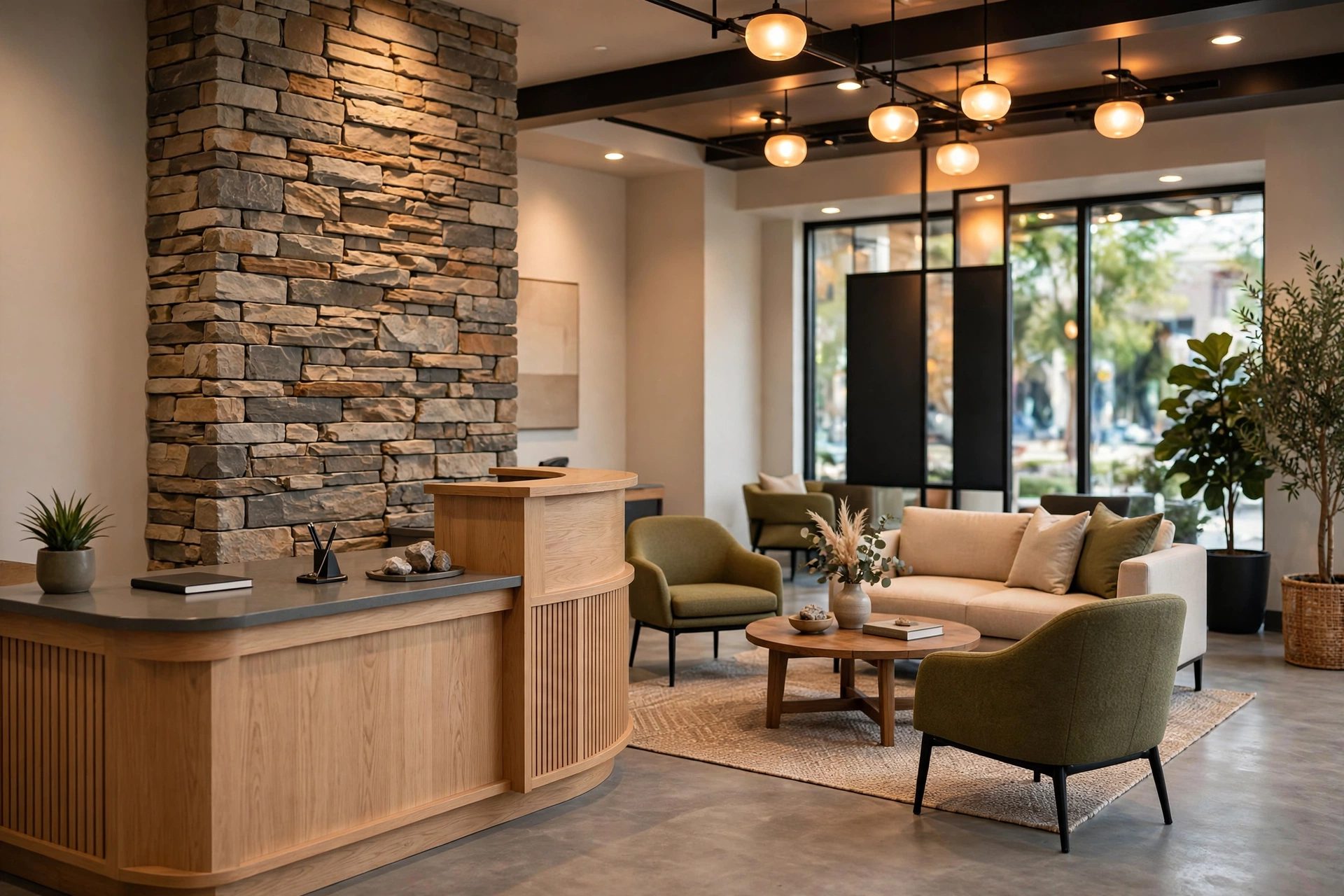 Remodeled commercial lobby with reception desk, stone accent wall, and seating area