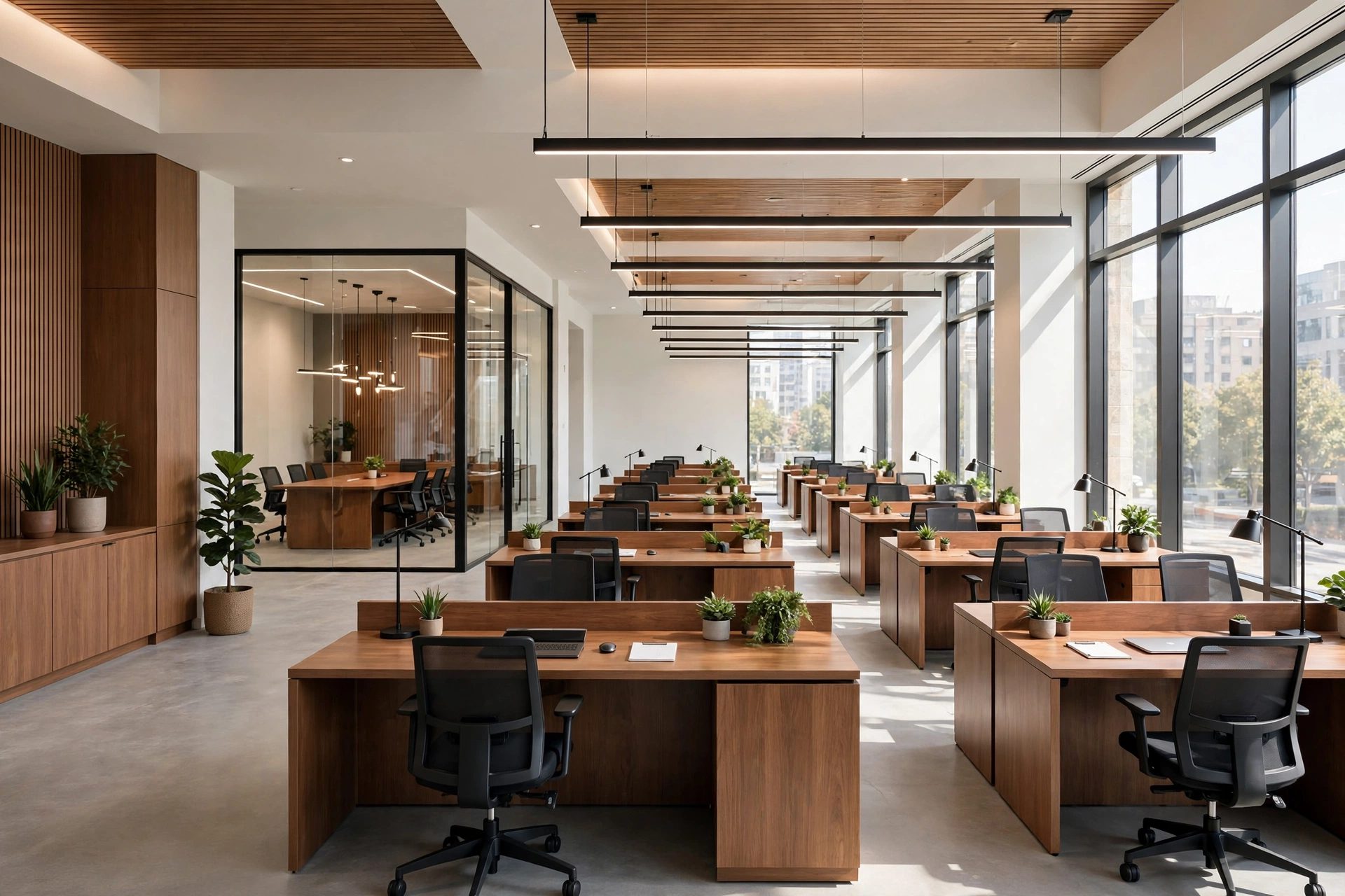 Modern office build-out with workstations and a glass-walled meeting room