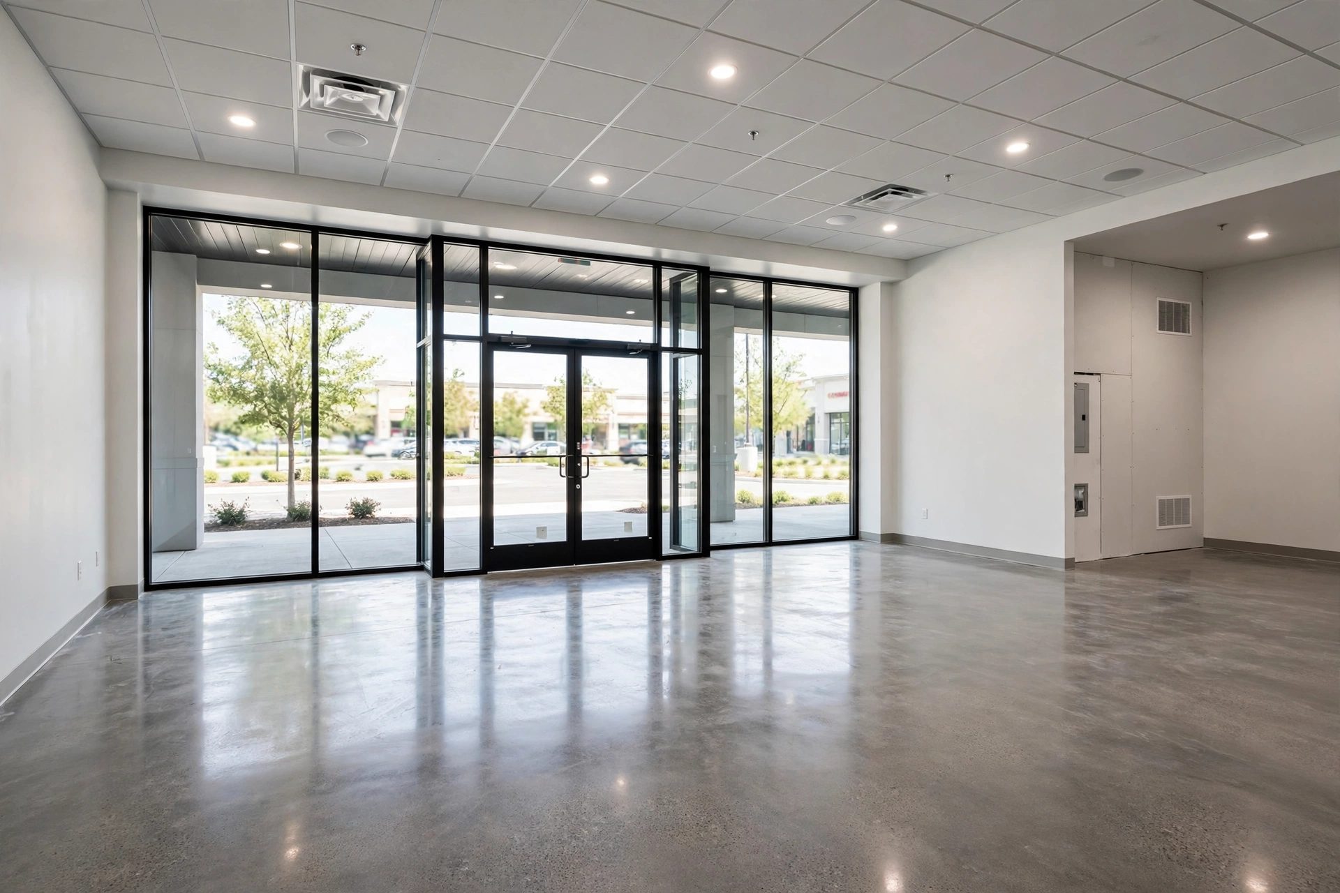 Finished tenant improvement space with polished concrete floors and a glass storefront
